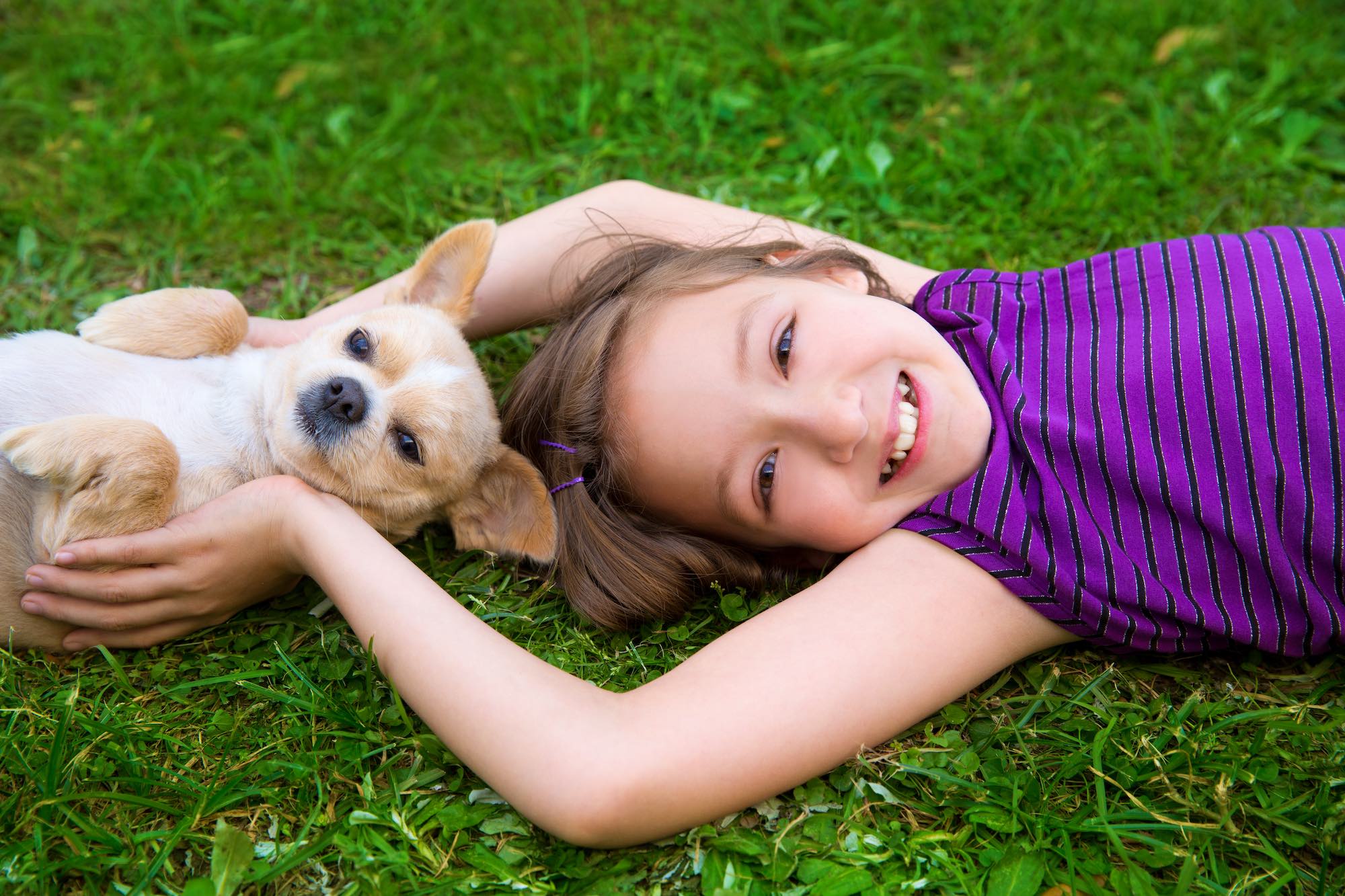 Young girl and dog on the grass